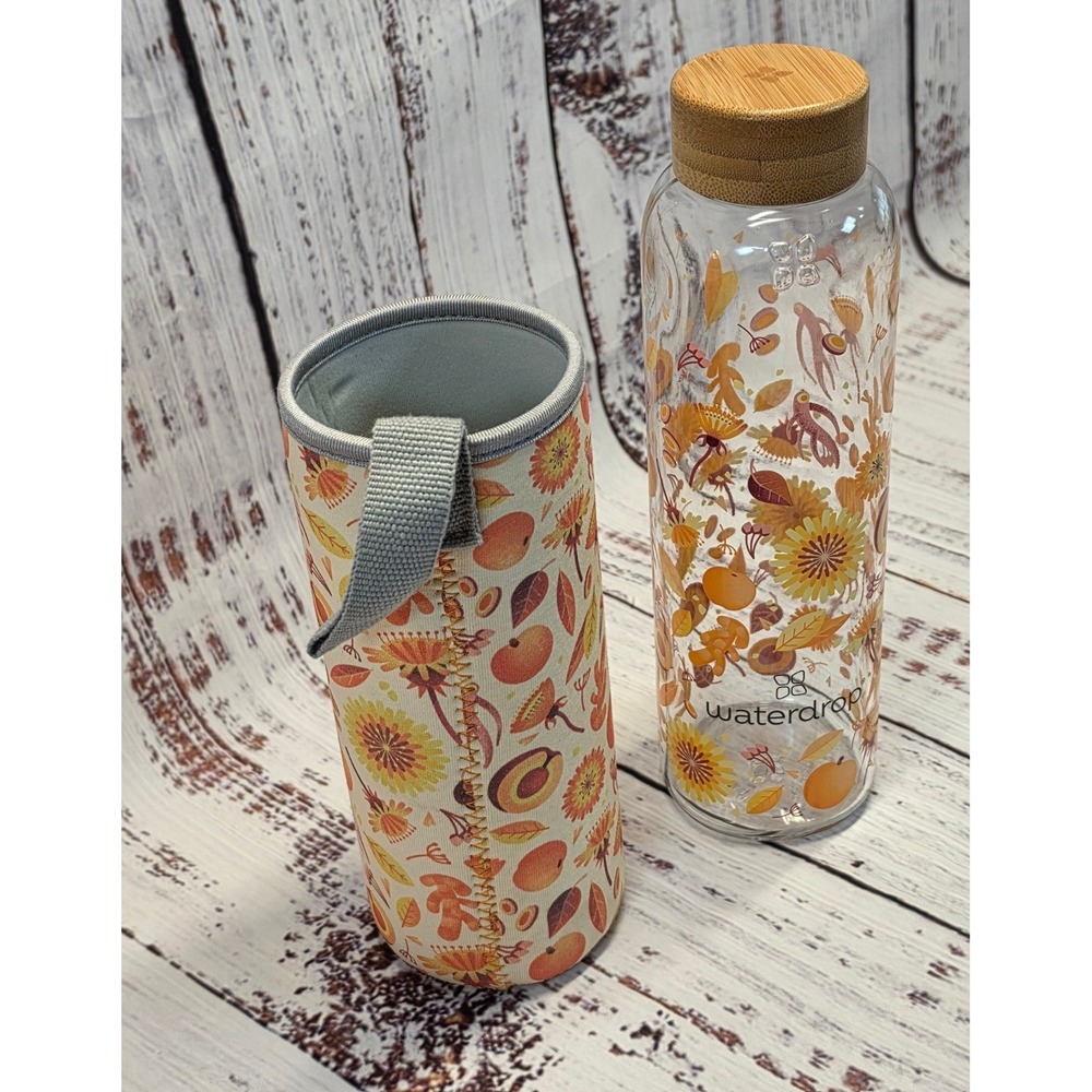 Waterdrop Glass Water Bottle 20oz Orange Excellent Autumn Floral Bamboo